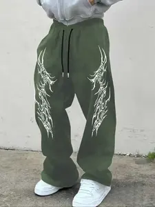 Men's Geometric Print Casual Pants, Oversized Straight Fit, French Terry Fabric, Drawstring Waist, Street Style Summer Wear