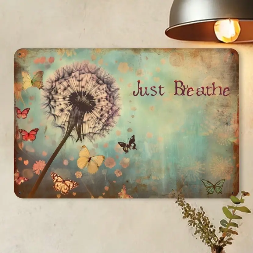 Vintage Dandelion Just Breathe Aluminum Artistic Wall Art Sign for Home Office Decor, Inspirational Hanging Art Vintage Decorative Wall Decor, 12x8 Inches