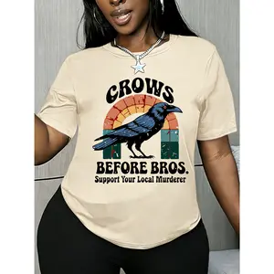 100% cotton women's short-sleeve top, vintage crow motif, CROWS BEFORE BOS, rainbow fun slogan print, round neck, comfortable, soft, breathable, suitable for spring, summer, and autumn
