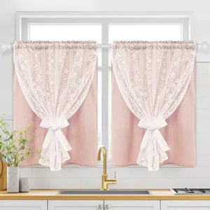 Linen Pink Kitchen Tier Curtains 36 Inch Length, Double Layered Kitchen Curtain with Linen and Lace, Rod Pocket Window Curtains with Tiebacks, Boho Window Treatments for Bathroom Cafe, 2 Panels