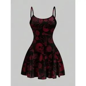 Casual Skull & Rose Pattern A-Line Mini Dress For Women, Suitable For Summer,Summer Dresses,Sun Dress Spring Clothes Cute Dresses For Women  Woman Dress Women Dresses Women Clothing Dresses,Summer Dresses For Women Womenswear Piece