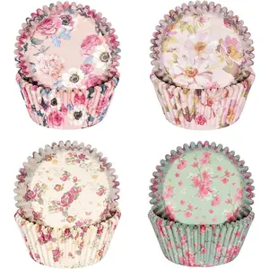 100 Pack Colorful Food Grade Disposable Paper Baking Cups Floral Cupcake Wrappers Muffin Liners for Birthday Tea Themed Party Decor (Floral-4)