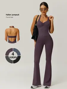 Women's Plain Backless Halter Romper, Sexy Ruched Design, Waist Cinching, Butt Lifting, Gym Workout, Workout Jumpsuit, Outdoor Running, Cycling, Fashion
