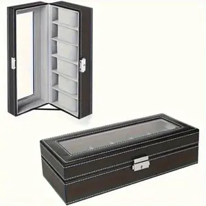 Men's 6-Slot Watch Box Storage Box, Black Watch Stand Display Storage Box