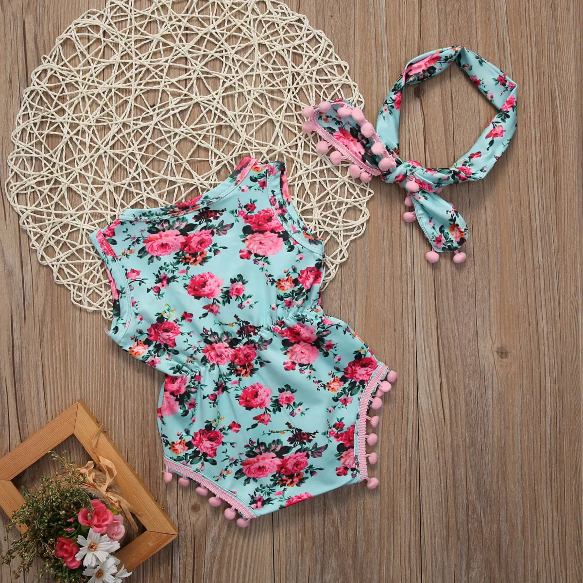 Baby Girl Floral Sleeveless Round Neck Bodysuit Jumpsuit Set with Pompom Tassels and Headband, Toddler Romper Outfits