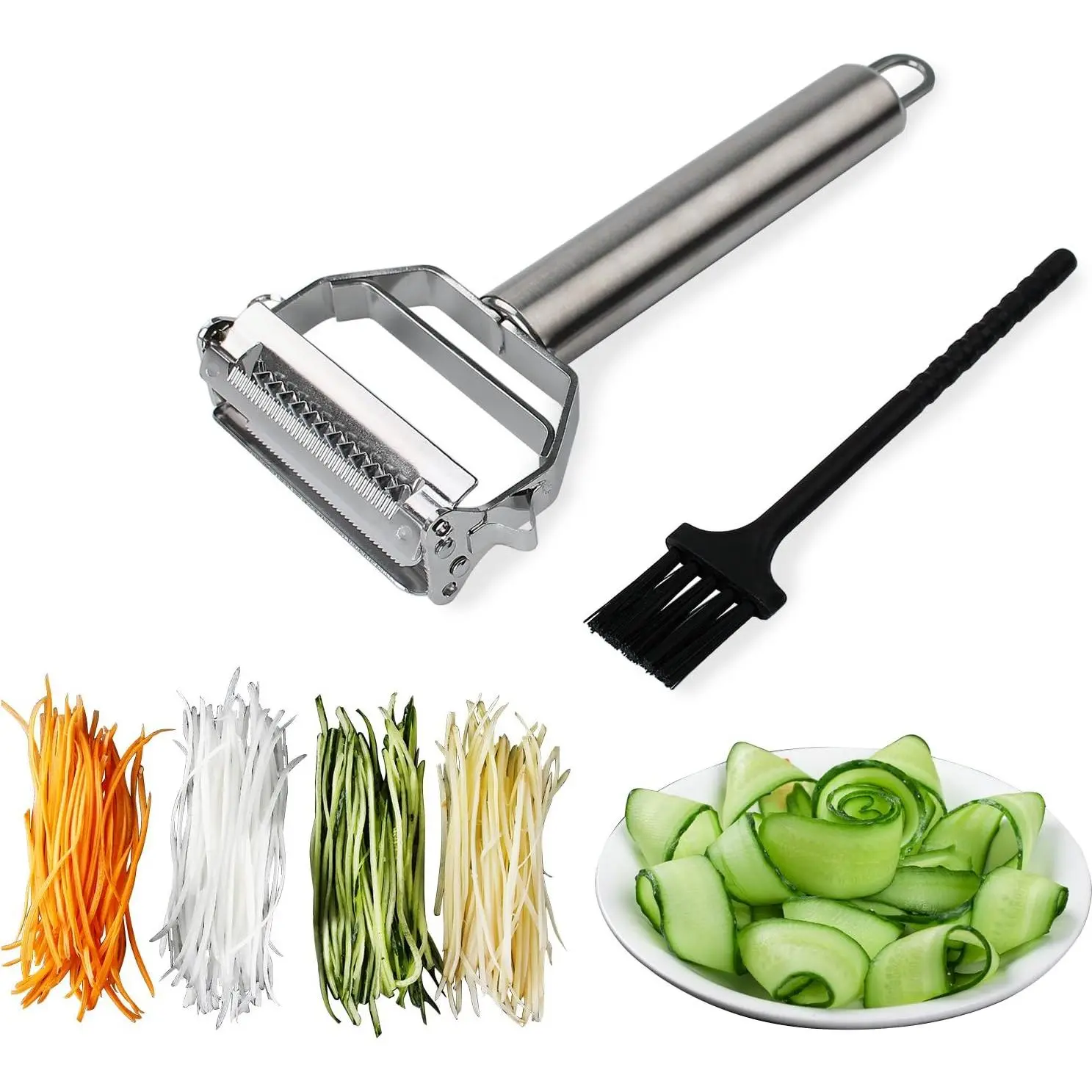 Stainless Steel Julienne Peeler - Single Unit Kitchen Utensil with Sharp Blade for Efficient Cooking Prep, Smooth Peeling of Carrot, Potato, Melon, Vegetable, Fruit, Includes Cleaning Brush, Suitable for Cheese