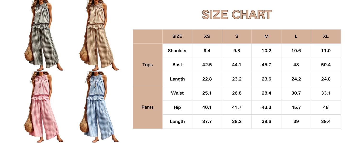 SCUSTY Women's 2 Piece Set Outfits Gingham Plaid Sleeveless Ruffle Top Wide Leg Pants Summer Casual Beach Vacation Sets
