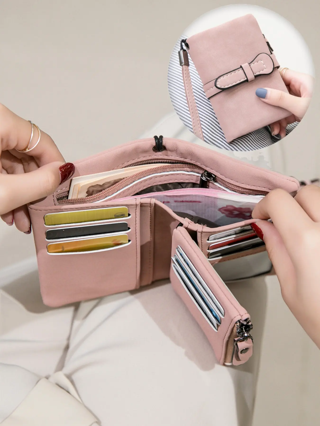 Ladies' Three Fold Wallet, Trifold Wristlet Wallets, Multifunctional Wallet, Casual Wallet, Multiple Card Slots With ID Windows, Zippered Coin Pocket, Snap Closure, Wrist Strap With Hand-Held Bag, Suitable For Daily Portable Use, Ideal Gift