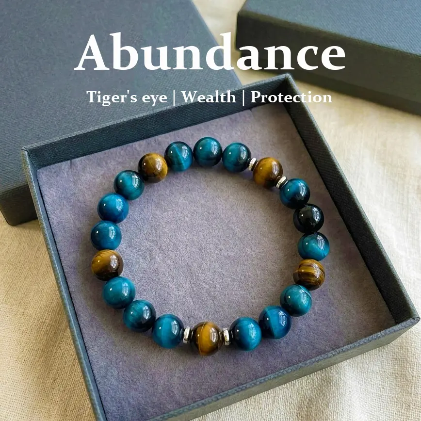 Natural Tiger's Eye Wealth-Attracting Healing Crystal Bracelet - Blue & Yellow Beads for Abundance, Prosperity, Emotional Stability, Unisex September Birthstone, Colorful Natural Crystal Bracelets & Anklets Compatible
