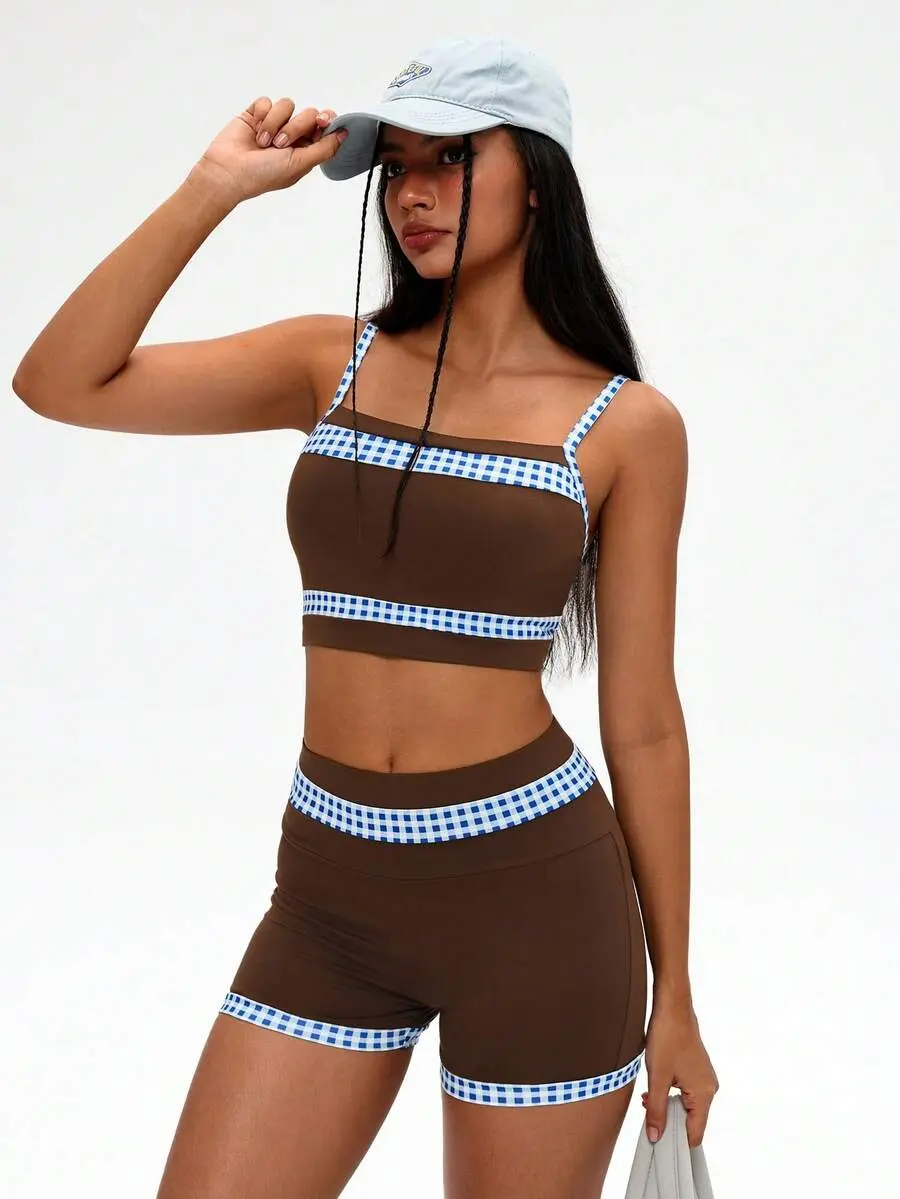 MELLY Unity 2pcs Retro Brown Checkered Summer Casual Gym Set,Blue & White Plaid Contrast Color Camisole & Shorts,Adjustable Straps,Sweet & Cool College Style