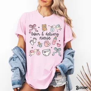 Comfort Colors Labor & Delivery Nurse Shirt, RN, Whimsical Doodle Design, Fitted Short Sleeve, Casual Summer Top for Women Cotton Knit