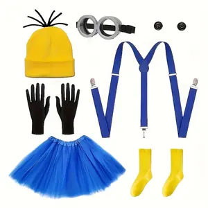10pcs Yellow and Blue Steampunk Adult Costume Set - Knitted Hat, Adjustable Straps, Gloves, Goggles, and Tutu Skirt - Perfect for Halloween, Cosplay, and Fancy Dress Parties, Vibrant Outfits with Adjustable Headpiece, Steampunk Attire