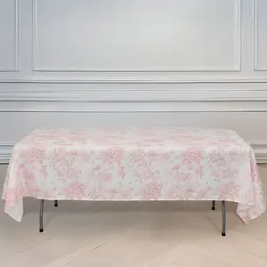 Polyester Rectangular Tablecloth 60"x102" White with Pink French Toile Pattern - Sophisticated Table Cover for Chic Weddings & Events