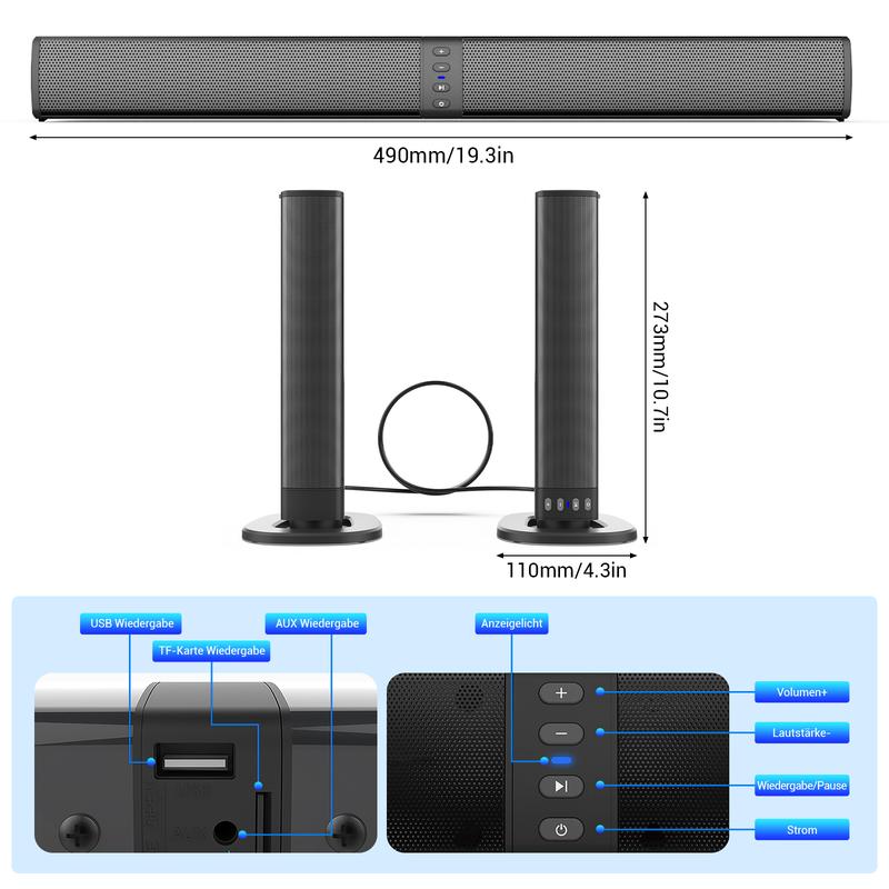 Portable Bluetooth Speaker Sound Bar for Smart TV 2 in 1 Detachable Surround Soundbar Built in 4 Speaker 20W For Home Theater Rechargeable Stereo