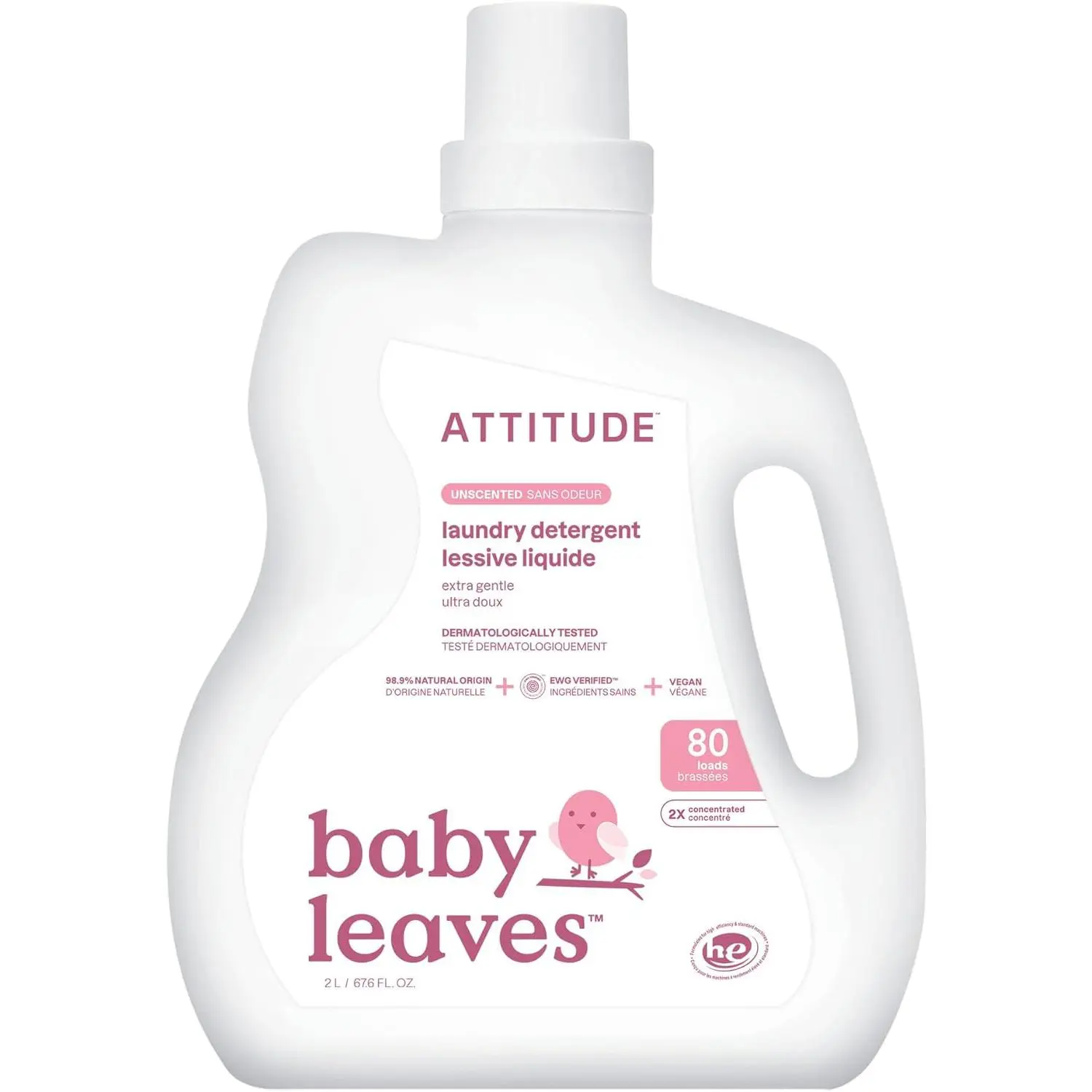 ATTITUDE Laundry Detergent, Fragrance Free, Sensitive Skin, Plant & Mineral-Based, 80 Loads, HE Compatible