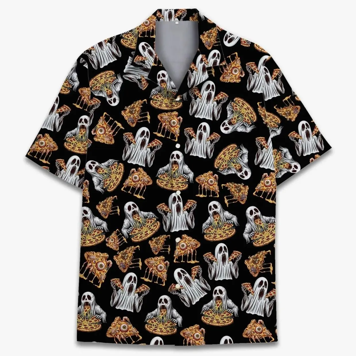Halloween Ghost Pizza Hawaiian Shirt for Men Women Youth, Spooky Ghosts Eating Pizza, Funny Horror Costume Beach Shirt, Trick or Treat