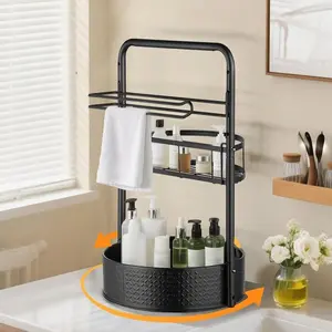Rotating 2-Tier Kitchen & Bathroom Rack with Paper Towel Holder – 360° Lazy Susan Organizer, Height Adjustable Metal Rack for Spices, Condiments, Oil Bottles, Toiletries, Countertop & Cabinet, Non-Slip, Easy to Clean, Black