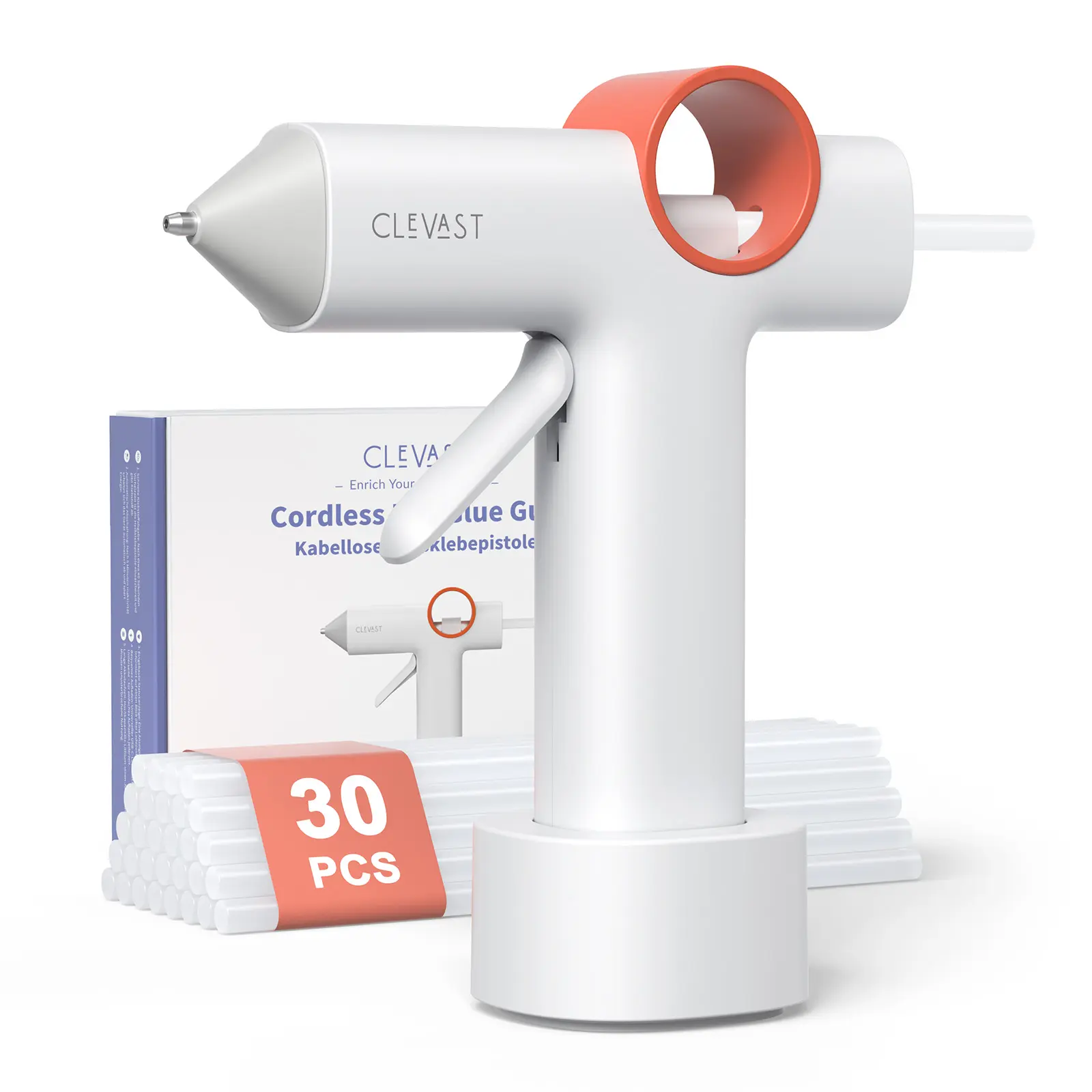 CLEVAST Cordless Hot Glue Gun, 5000mAh Rechargeable Mini Glue Gun with 30 Glue Sticks, 40s Fast Heating, No-Drip, Auto Shut-Off, Wireless Battery Hot Melt Glue Gun for Arts & Crafts