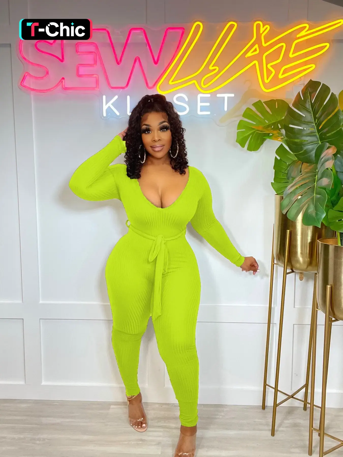 Women's Solid Belted Long Sleeve Fitted Knitted Jumpsuit, Nightclub Jumpsuit, Elegant Deep V Neck Skinny Jumpsuit For Daily Wear, Ladies' Clothes For All Seasons, Womenswear