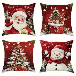4pcs Christmas Themed Cushion Covers, Polyester Modern Style Red and White with Santa Claus Snowman Tree Reindeer Swan Suitable for Living Room Bedroom Sofa, Christmas Sofa Decor, Single-sided printing, no pillow core