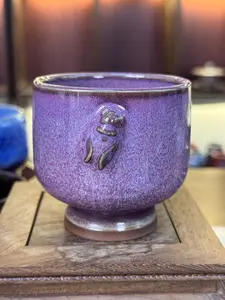 Handcrafted Cicada Relief Purple Glaze Tea Cup Jun Kiln Crackle Texture Chinese Kung Fu Ceramic Teacup for Traditional Ceremonies
