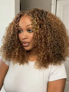 Lace Front Highlight Brown Bob Curly Wig, 180% Density Jerry Curly Remy Hair Wear and Go,  4*4 HD Lace Brown and Honey Blonde Short Wigs for Black Women Human Curly Wig