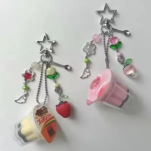 Japanese Pudding Keychain Pink Yellow Egg Flan Charm Y2K Heisei Retro Aesthetic Beaded Cosplay Accesseries