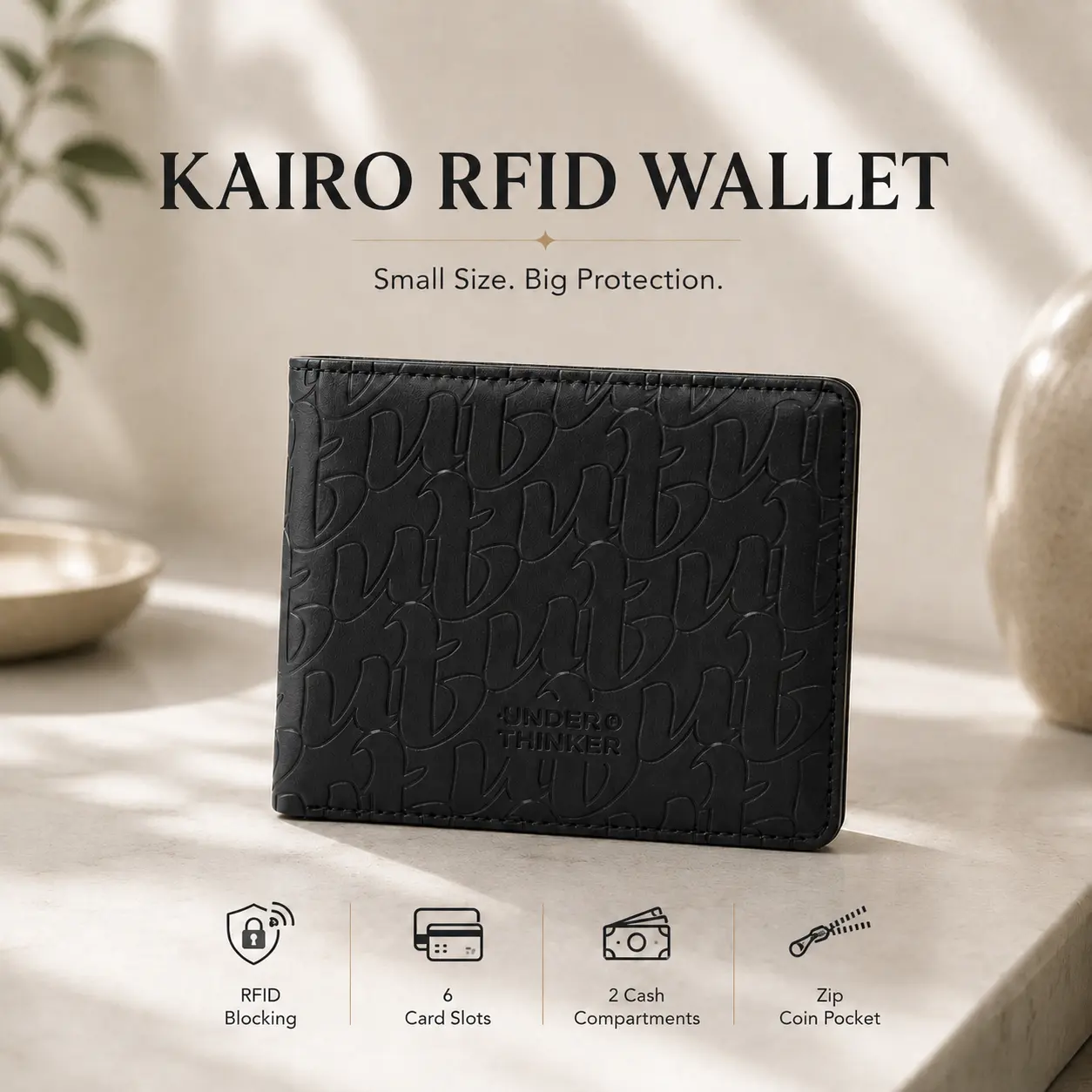 UNDER THINKER Kairo Wallets for Men, Men Slim Wallet, RFID Bifold Faux Leather Mens Wallet, 8 Card Slots, 2 Hidden Slots, ID Window, Cash Compartment, Gift Box Included, Gift for Him, Gift for Dad SP 0722 SIMP