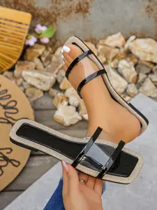 Women's Transparent Patchwork Slip-On Sandals, PU Leather Chain Print Summer Shoes, Casual Beach Footwear for Women