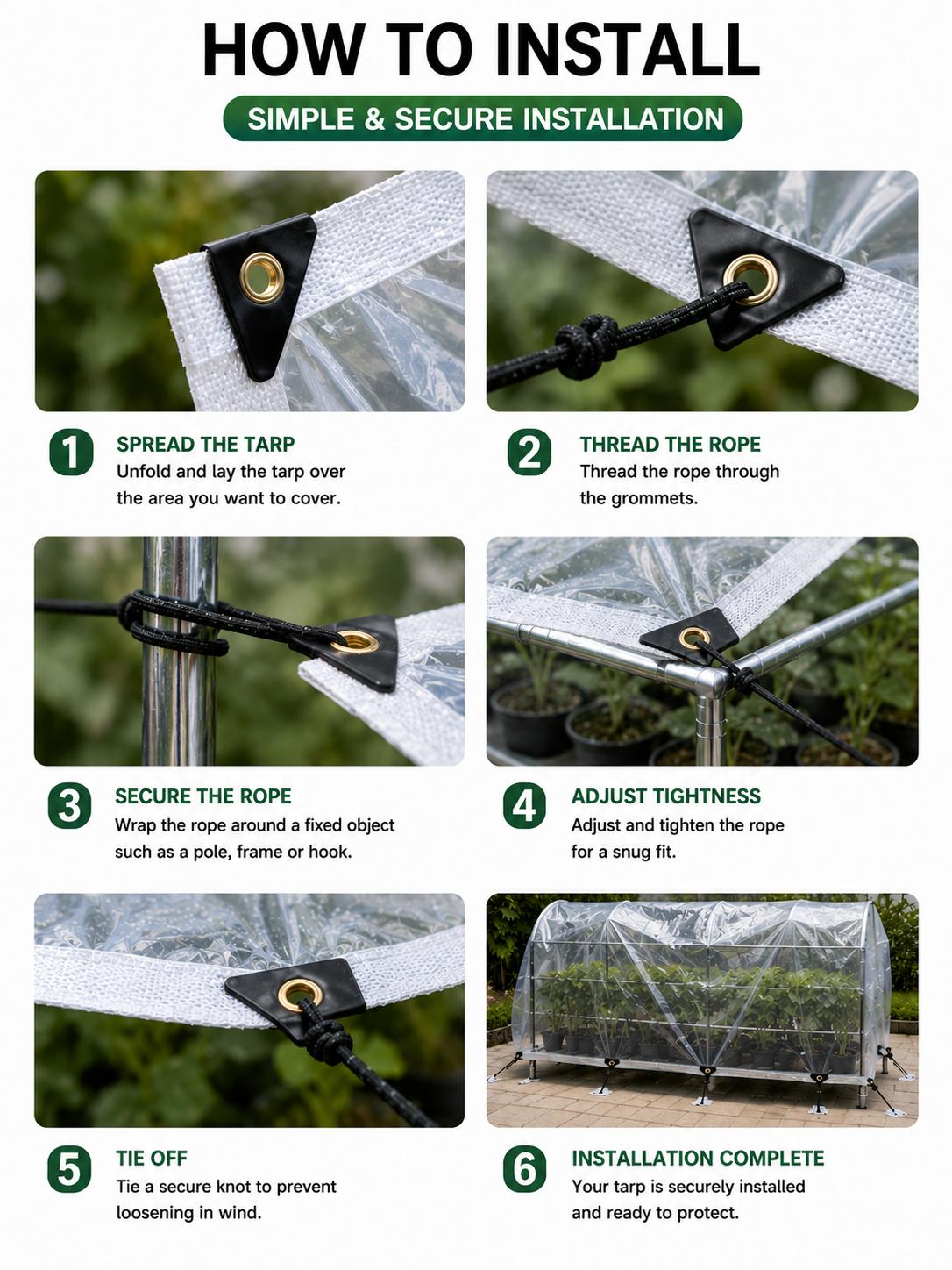 Transparent Tarp Waterproof Outdoor - Clear Poly Cover with Reinforced Edges & Metal Grommets, UV & Mildew Resistant, Tear Proof, for Greenhouse, Pergola, Patio, Garden, Camping Shelter Weather-Resistant Canopy Cloth dustproof protection