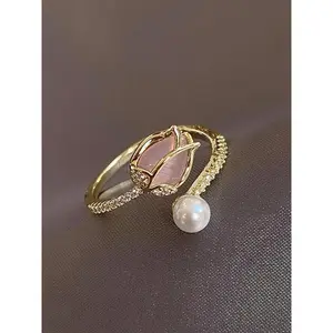 Faux Pearl & Flower Decorated Cuff Bypass Ring, Artificial Gemstone Decor Adjustable Jewelry for Women, Engagement Ring Accessories for Party, Daily