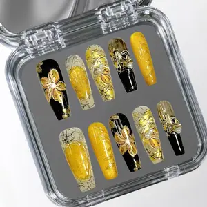 Glitter Mirage Nails Rose Press On Nails 10pcs Square Design with Gold Accents and Pearl Details