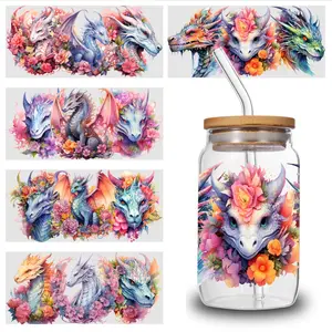 5 Sheets Dragon Floral UV DTF Stickers Cartoon UV DTF Transfer Sticker for Water Cup Glass Bottle Glass Jar, Cup Wrap Sticker, Cartoon Decal, Waterproof Decorative