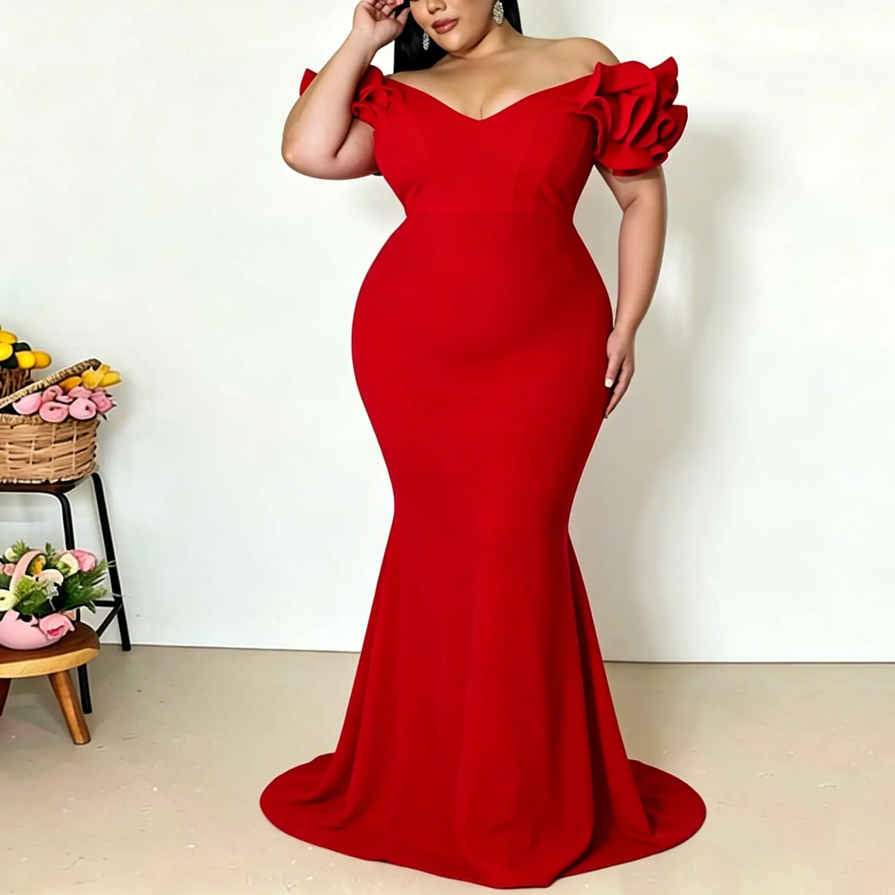 Women's Plus Size Thick Polyester Fabric Breathable Fit V-Neck Ruffle Sleeves Bodycon Maxi Formal Evening Dress