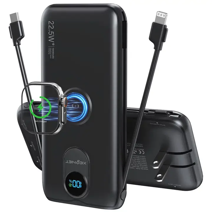 10,000mAh Wall Plug Power Bank with Built-in USB-C & Lightning Cables, 20W PD Fast Charging, 22.5W SuperCharge, Foldable AC Charger & 3.5W Apple Watch Wireless Charger – Travel Battery Pack for iPhone & Samsung