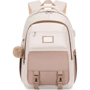 School Backpack for Girls Teens, Cute Aesthetic College Backpacks Large 17.3 Inch Laptop Bag Preppy Bookbag for Women Students Travel (Khaki Beige)