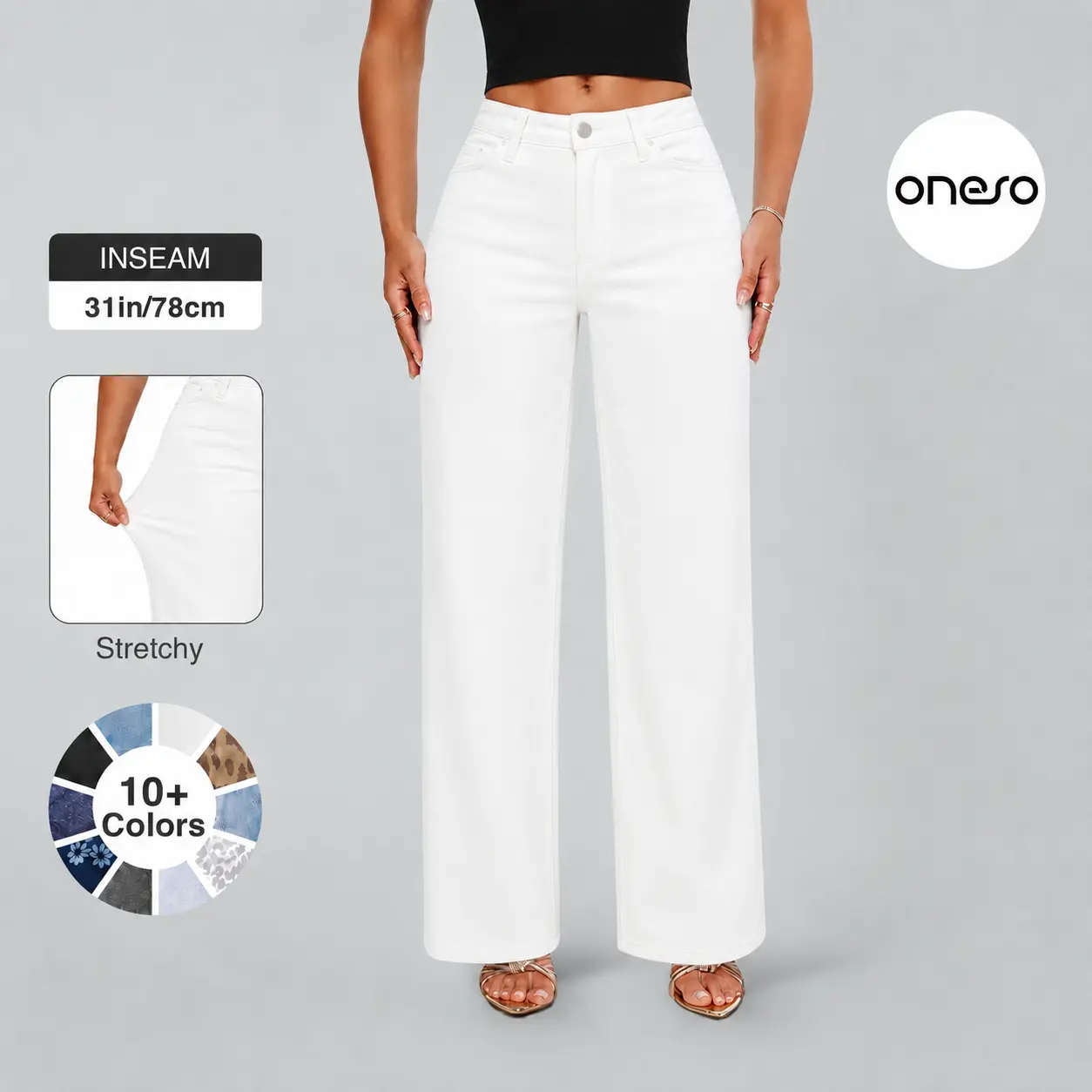 ONESO Women's White Basic Wide-Leg Denim Jeans, Casual All-Seasons Regular-Fit Everyday Bottoms with Pockets & Stain-Resistant Finish, Soft Comfortable Minimalist Pants