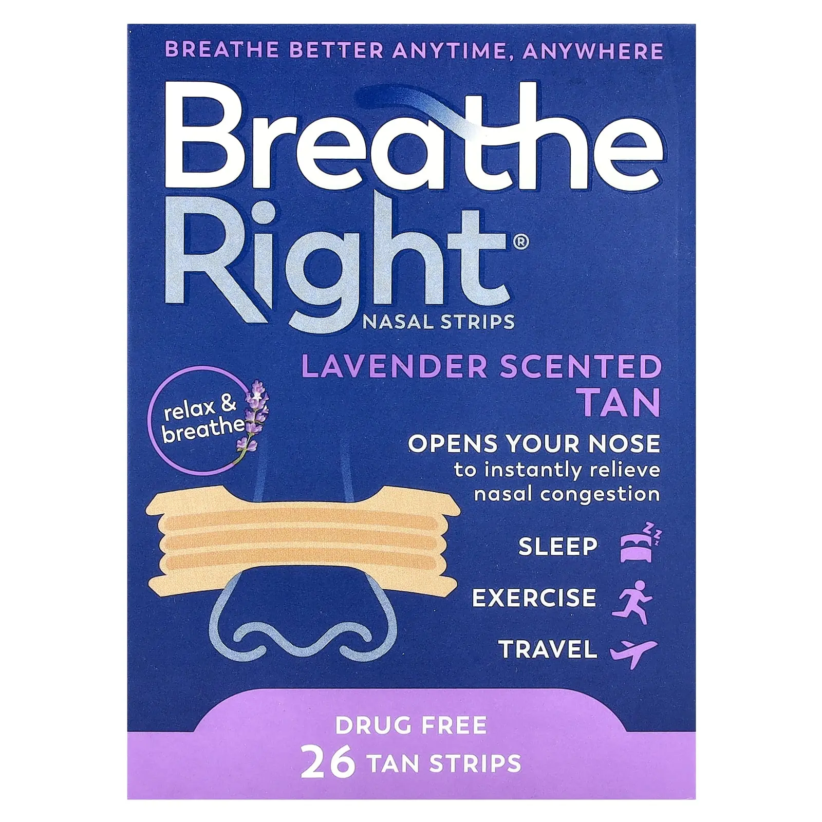 Breathe Right Nasal Strips, Lavender, 26 Tan Strips | HSA/FSA Eligible