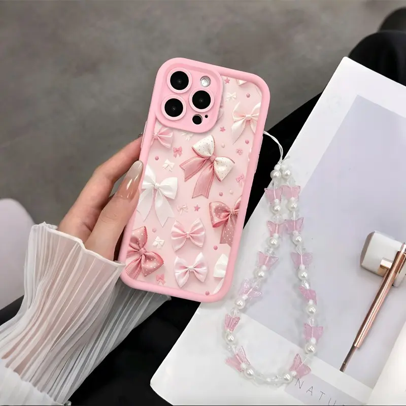 Bow UV Print Durable Protective Phone Case Cover with Butterfly Bead Strap, Soft Tpu Protection for iPhone 17 16 15 14 13 12 11 X Pro Max, Fashion Gift, Accessories