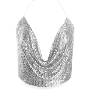 Tank Tops Sequin Crop Top Sexy Deep V Backless Halter Body Chain