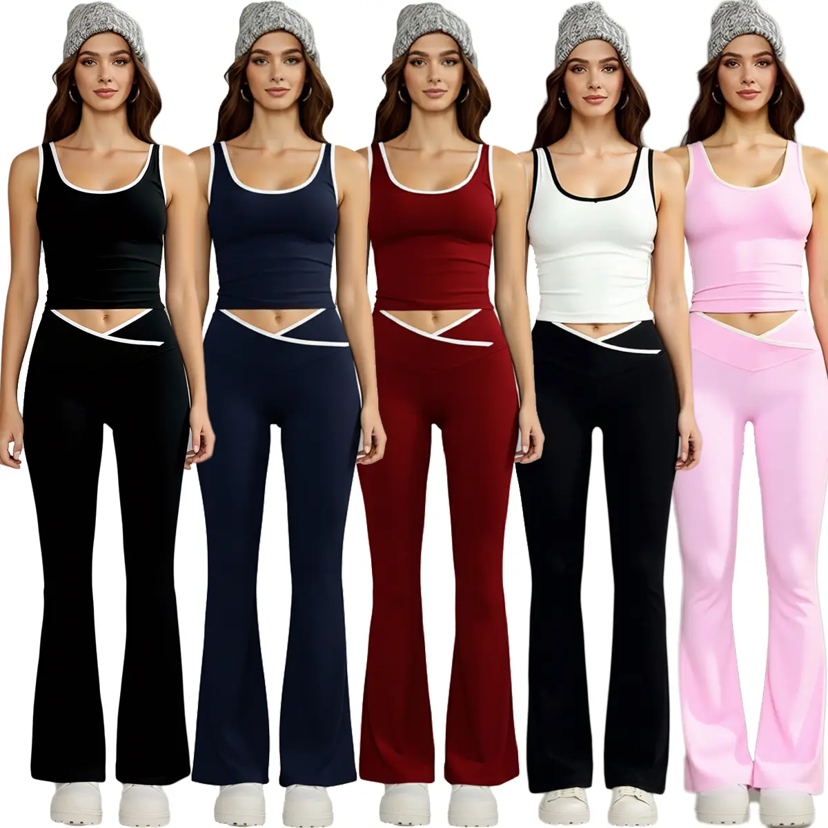 Women's Gym Workout Set, 2-Piece Textured Activewear with Sleeveless Bodycon Tank and Crossover V-Cut Flared Leggings for Yoga, Two Piece Sets Women, Gym Workout Sets
