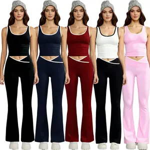 Women's Workout Yoga Set Flare Crossover V-Cut Leggings & Tank Tops Gym Outfits Elegant Sportswear Tracksuit Sporty Fit Activewear Fitness Textured Sweatsuit Yoga Bottoms Yoga Bottoms