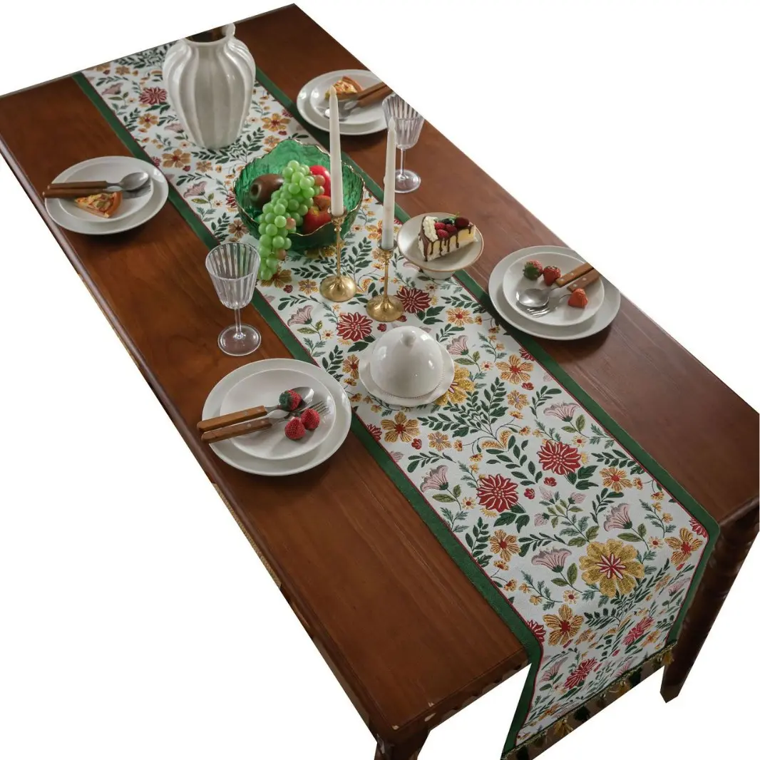 Yimanqiyun Breathable Nature-Inspired Green Tassel Cotton Blend Table Runner, American Country Style Jacquard Floral Covering, Multi-Size 35-400cm Household Textile for Tea Table, TV Cabinet, Drawer Cabinet, Living Room Decor