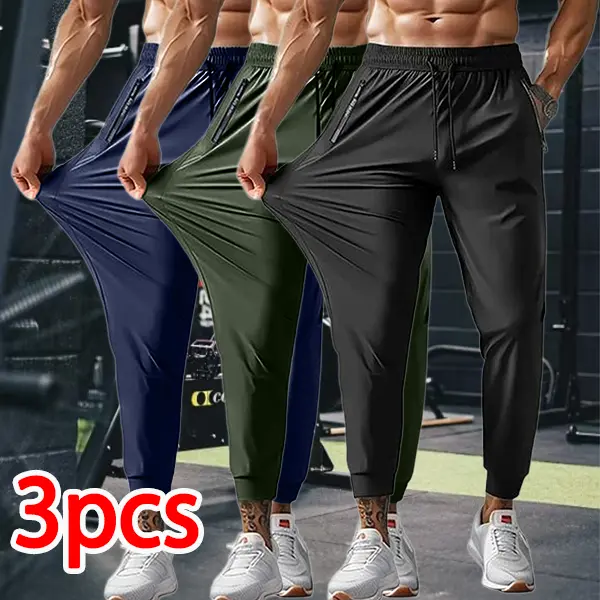 Men's 3pack Athleisure Jogger Pants Workout Set - Stretchy, Lightweight, Cool & Breathable Fitted Polyester Activewear, All Seasons Casual Men's Bottoms (Multiple Plain Colors Available)