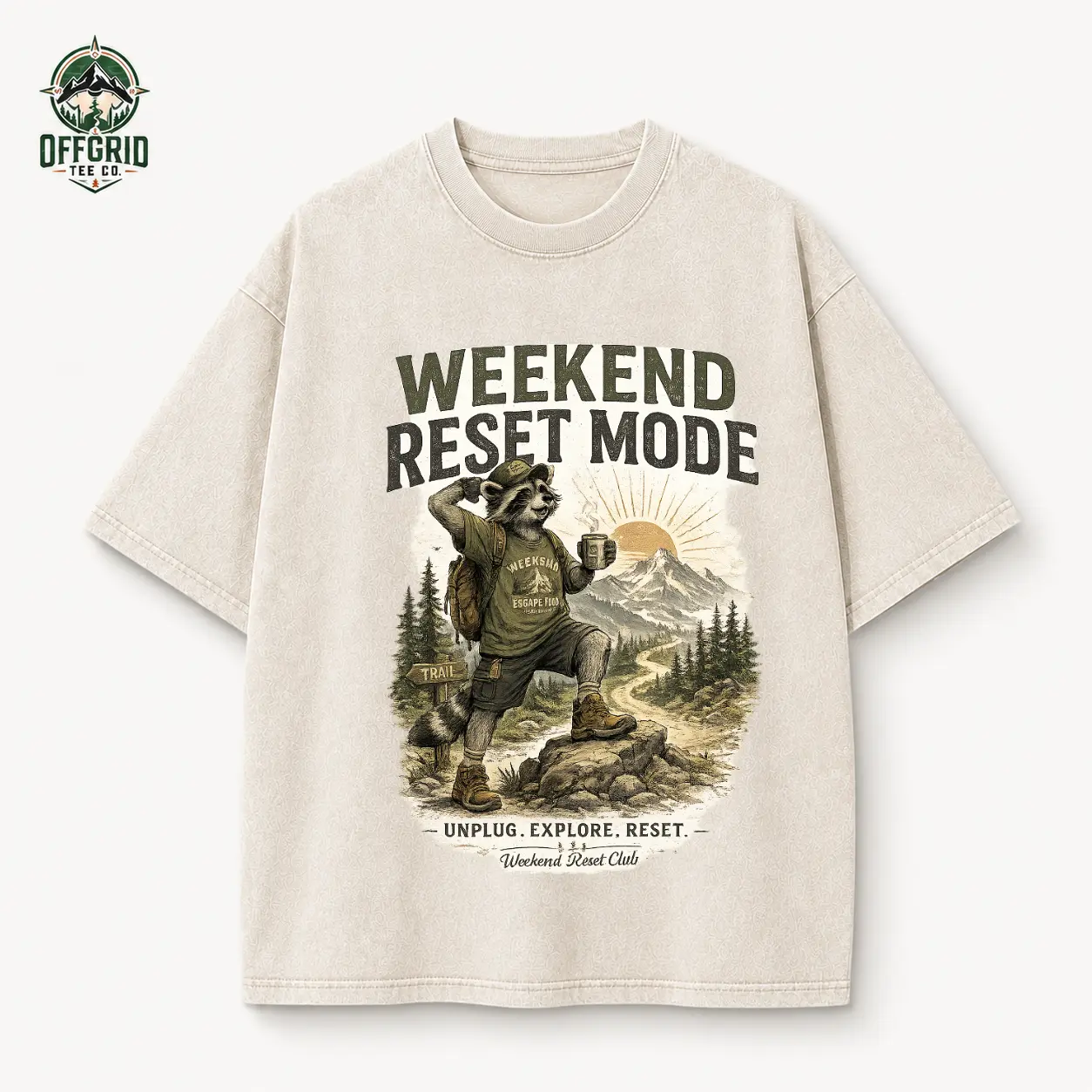 Weekend Reset Mode Raccoon Hiking T-Shirt, Vintage Mountain Trail Graphic Tee, Off Grid Adventure Shirt, Nature Lover Gift, Casual Summer Hiking Top