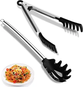 Pasta Tong and Spaghetti Spoon Pack of 2 Kitchen Set Stainless Steel Utensils Handles Silicone