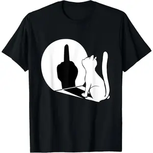Men's Short-Sleeve T-Shirt - Round Neck Streetwear Casual Clothes with Funny Cat Shadow Middle Finger Graphic, Shortsleeve