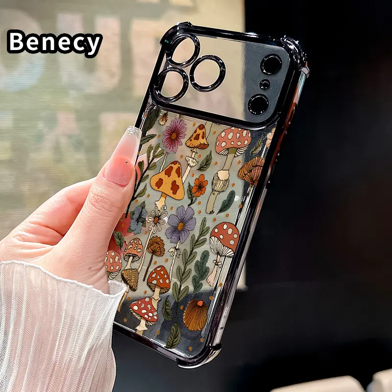 Electroplated Floral Mushroom Art Phone Case for iPhone 17/16 Pro Max/15 Plus/14/13/12/11/Air, 4-Corner Anti-Fall, Light Yet Durable, Secure Slip Grip, Transparent Shockproof Mobile Phone Accessories Cover