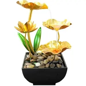 11‘’ H Gold Tabletop Water Fountain, Zen Desktop Waterfall, Indoor Lotus Desktop Decorative Fountain, Home Bathroom Bedroom Decor.