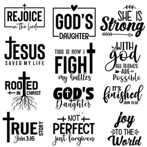 Letter Pattern Jesus God Theme Heat Transfer Sticker, 12pcs/set Heat Press Decal, Heat Transfer For DIY Clothing T-Shirt Mask Jeans Backpack